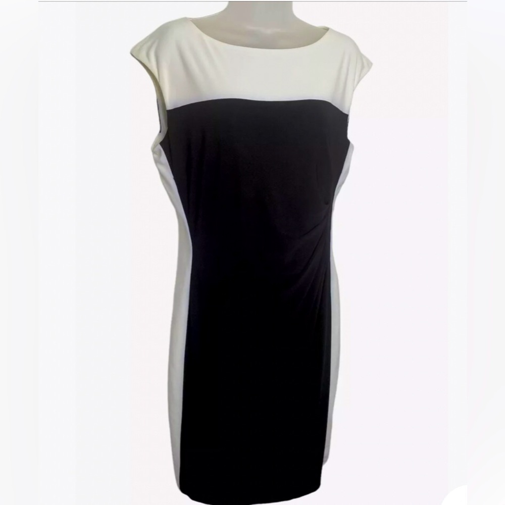 🖤CHAPS Sleeveless Colorblock Black & Off White Ruched Sheath Career Dress